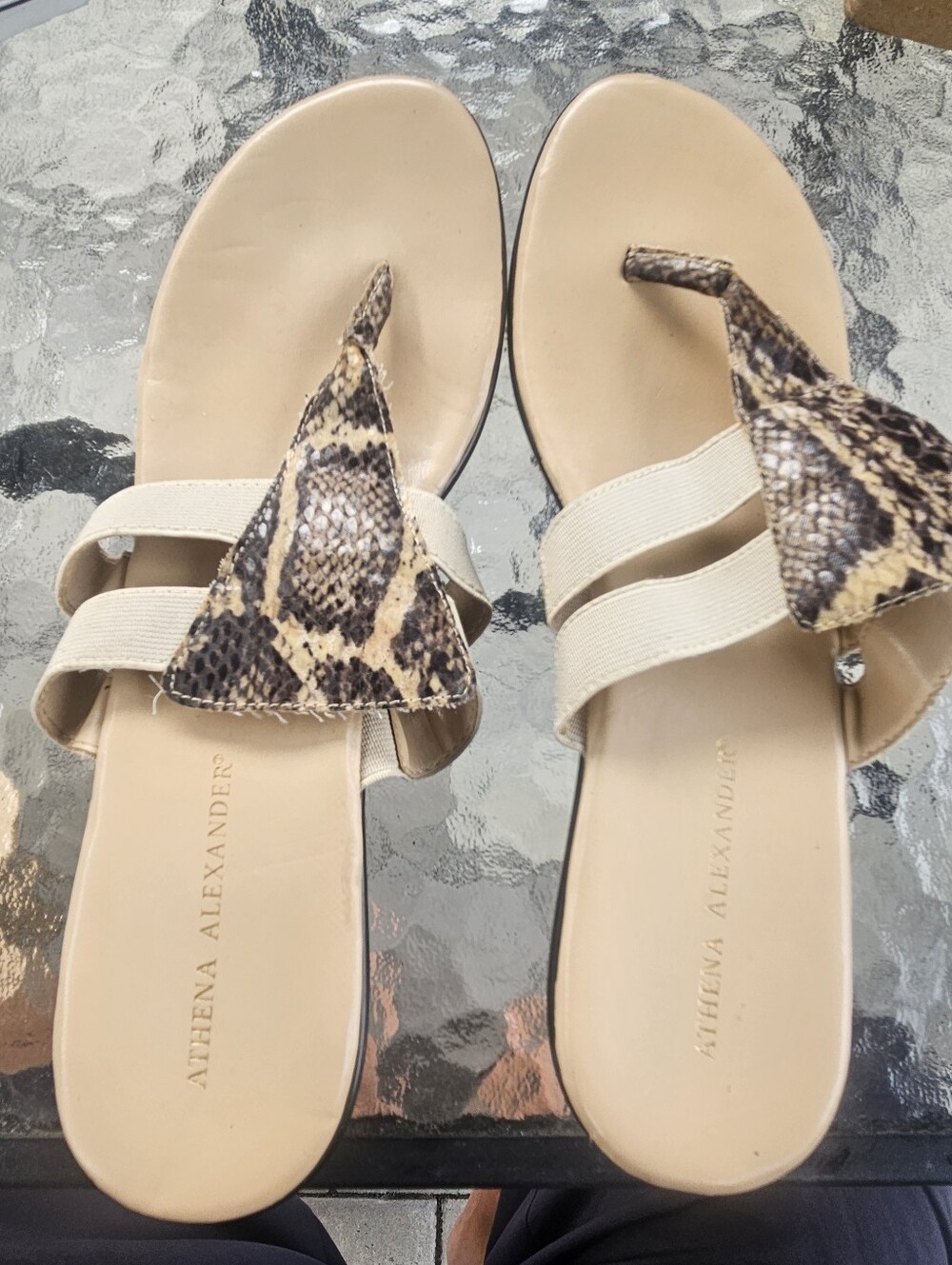 Athena Alexander Beige Slide Sandals with Snake-Print Accent